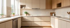 Cuisine moderne bien organisée, rangements intégrés et plan de travail dégagé, éclairée par une lumière naturelle.