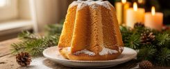 Pandoro doré en forme d'étoile saupoudré de sucre glace sur table en bois