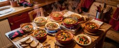 Six portions d’un dîner chaud et convivial disposées autour d’une petite cuisinière à deux feux dans une cuisine de chalet alpin.