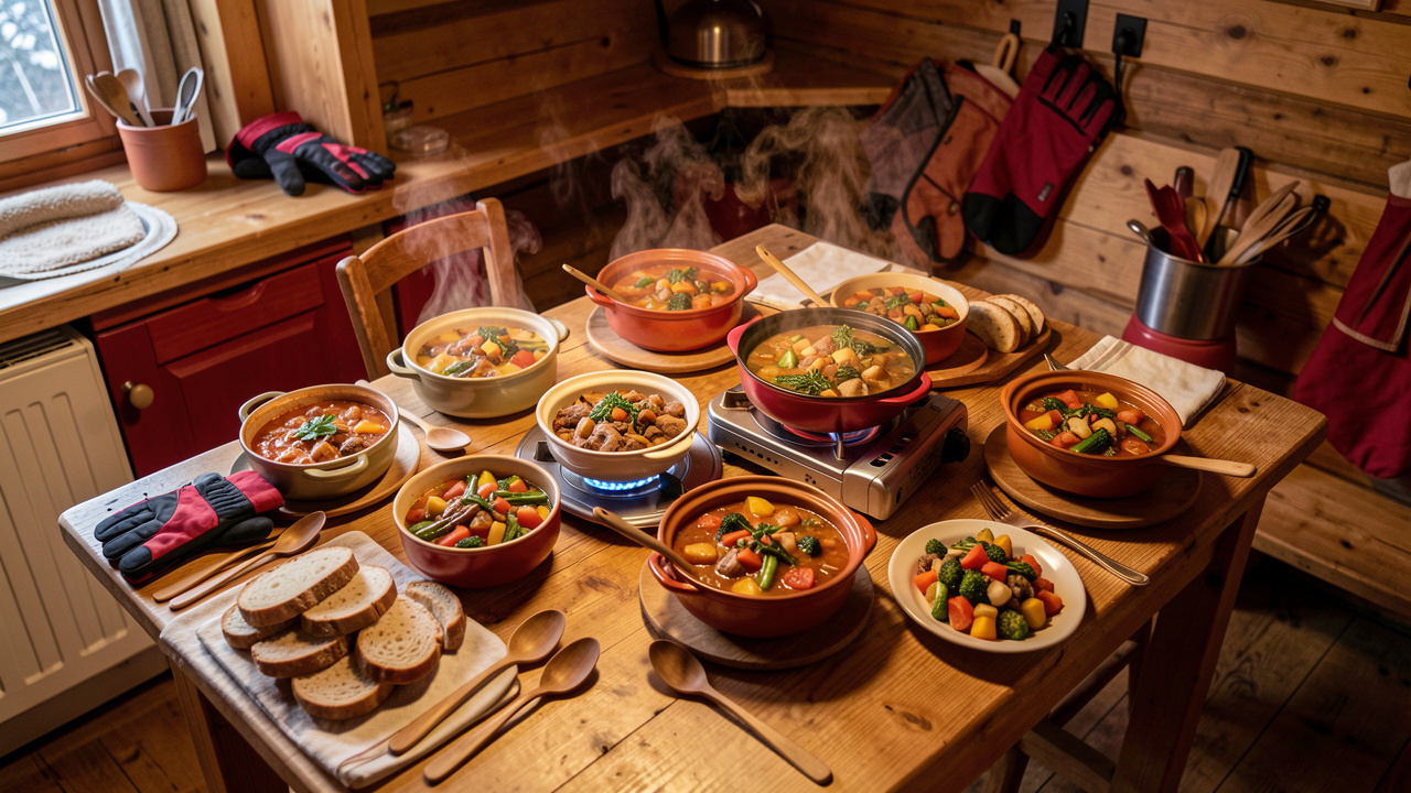 Six portions d’un dîner chaud et convivial disposées autour d’une petite cuisinière à deux feux dans une cuisine de chalet alpin.