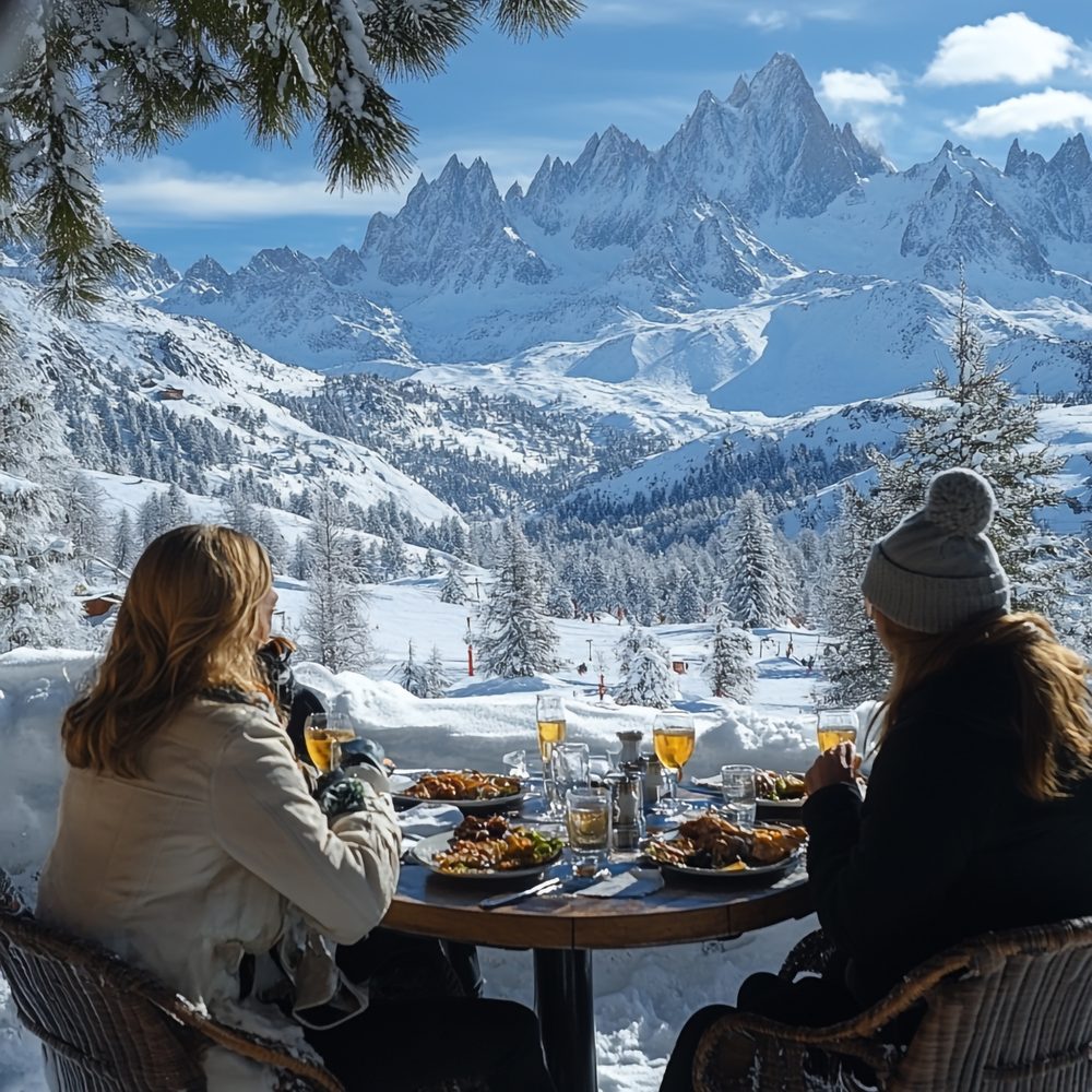 Convives réunis autour d’un apéritif montagnard avec fromages fondus, charcuterie et boissons chaudes.