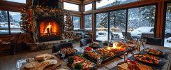 Buffet apéritif savoyard chaud dressé sur une grande table dans un chalet après une journée de ski.
