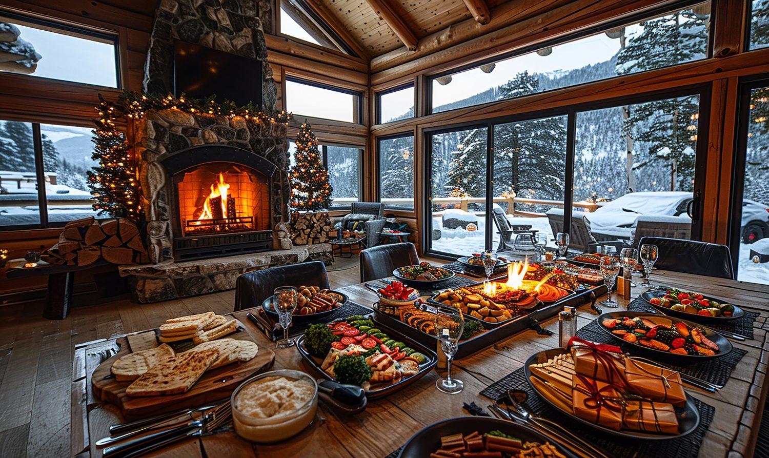 Buffet apéritif savoyard chaud dressé sur une grande table dans un chalet après une journée de ski.