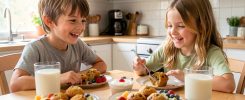 Un jeune garçon et une jeune fille dégustent un goûter maison composé de muffins dorés, de fruits, de yaourt et de lait autour d’une table de cuisine lumineuse.