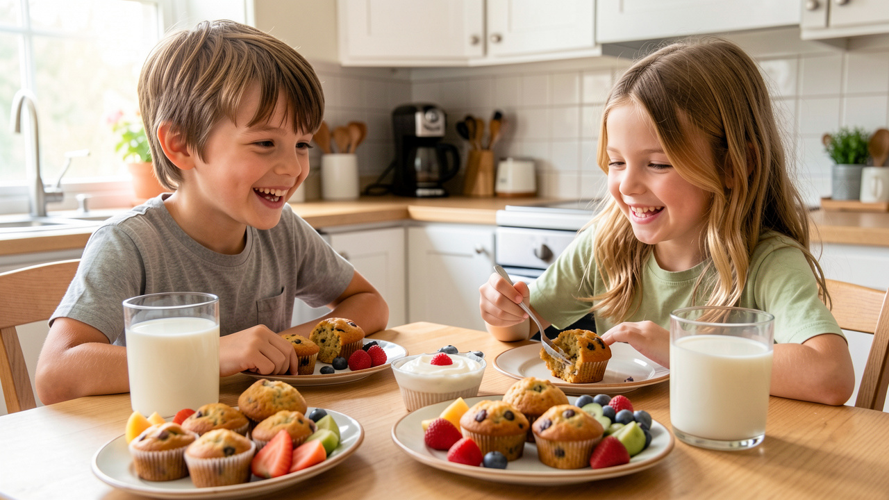 Un jeune garçon et une jeune fille dégustent un goûter maison composé de muffins dorés, de fruits, de yaourt et de lait autour d’une table de cuisine lumineuse.