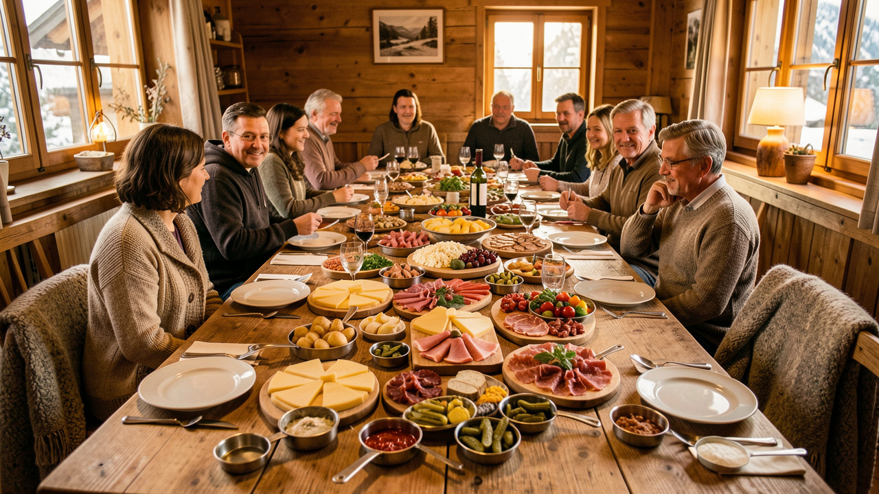 Grande table en bois dans un chalet de montagne, garnie de fromage à raclette, pommes de terre, charcuterie, légumes, cornichons et poêlons individuels pour quatorze convives.