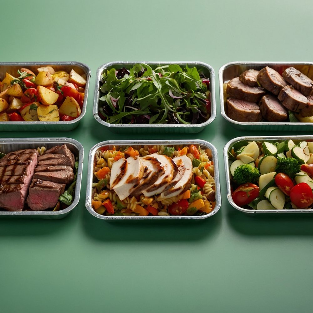 Plusieurs portions de plats maison sans épices sont alignées dans des boîtes hermétiques sur un plan de travail.