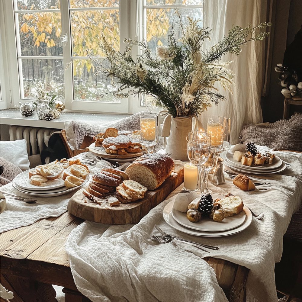 Brunch convivial pour dix personnes dans un chalet, avec plats faits maison disposés sur une table en bois.