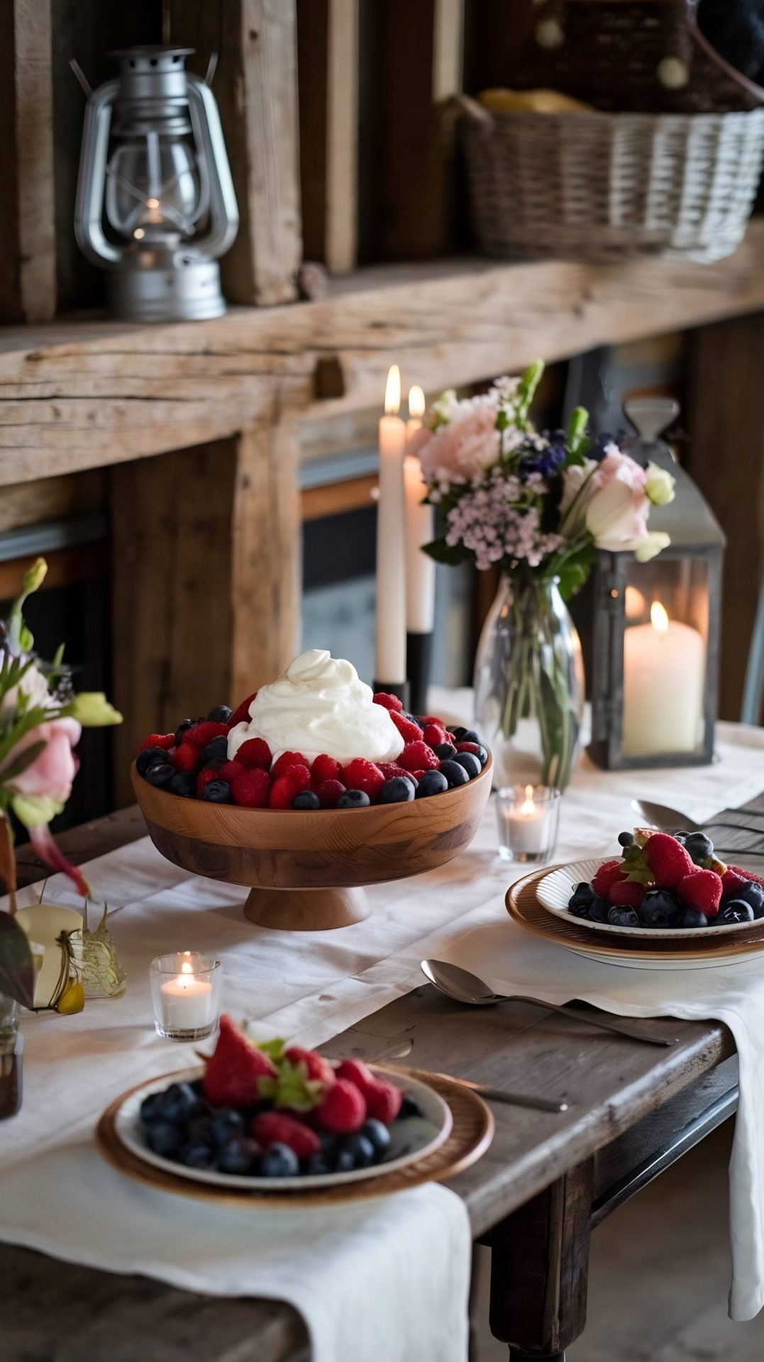 Grande table en bois dressée pour un brunch dans un chalet rustique, avec pains, œufs, fruits et boissons chaudes.