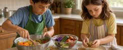 Un garçon et une fille préparent ensemble des galettes de légumes sur un plan de travail lumineux, entourés de bols remplis de restes colorés dans une cuisine familiale chaleureuse.