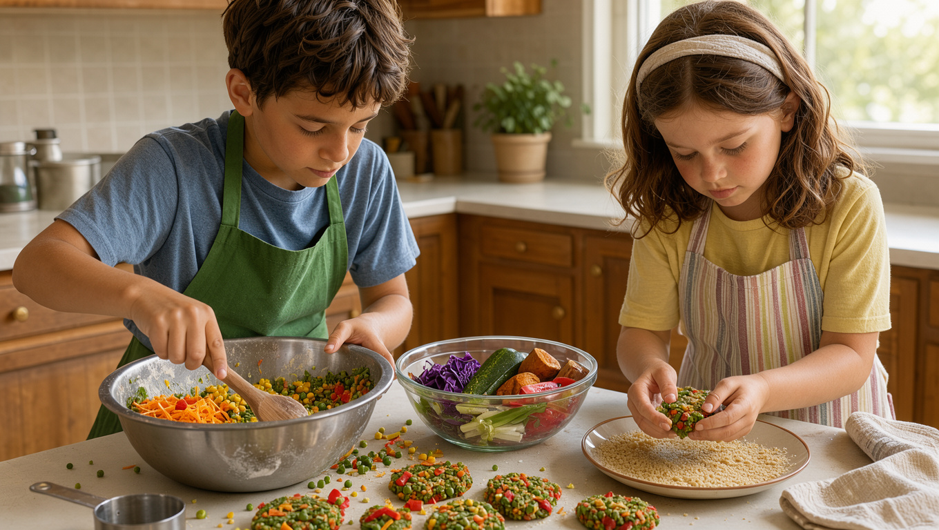 Un garçon et une fille préparent ensemble des galettes de légumes sur un plan de travail lumineux, entourés de bols remplis de restes colorés dans une cuisine familiale chaleureuse.