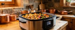 Multicuiseur 12-en-1 posé sur un plan de travail en bois dans une petite cuisine de chalet, avec des pommes grenailles dorées et des légumes rôtis dans son plateau, éclairé par une lumière chaude.