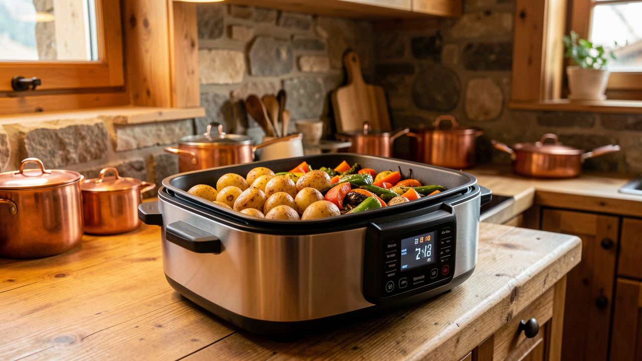 Multicuiseur 12-en-1 posé sur un plan de travail en bois dans une petite cuisine de chalet, avec des pommes grenailles dorées et des légumes rôtis dans son plateau, éclairé par une lumière chaude.