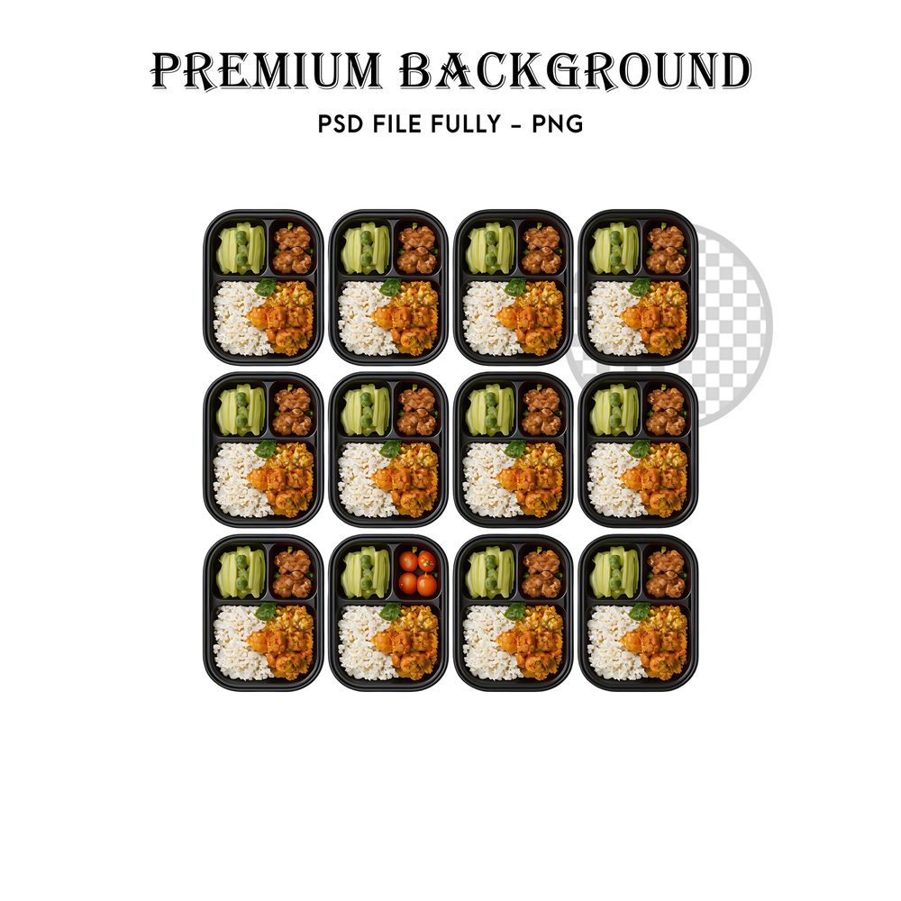 Portions de riz basmati réparties dans cinq boîtes repas alignées sur une table.