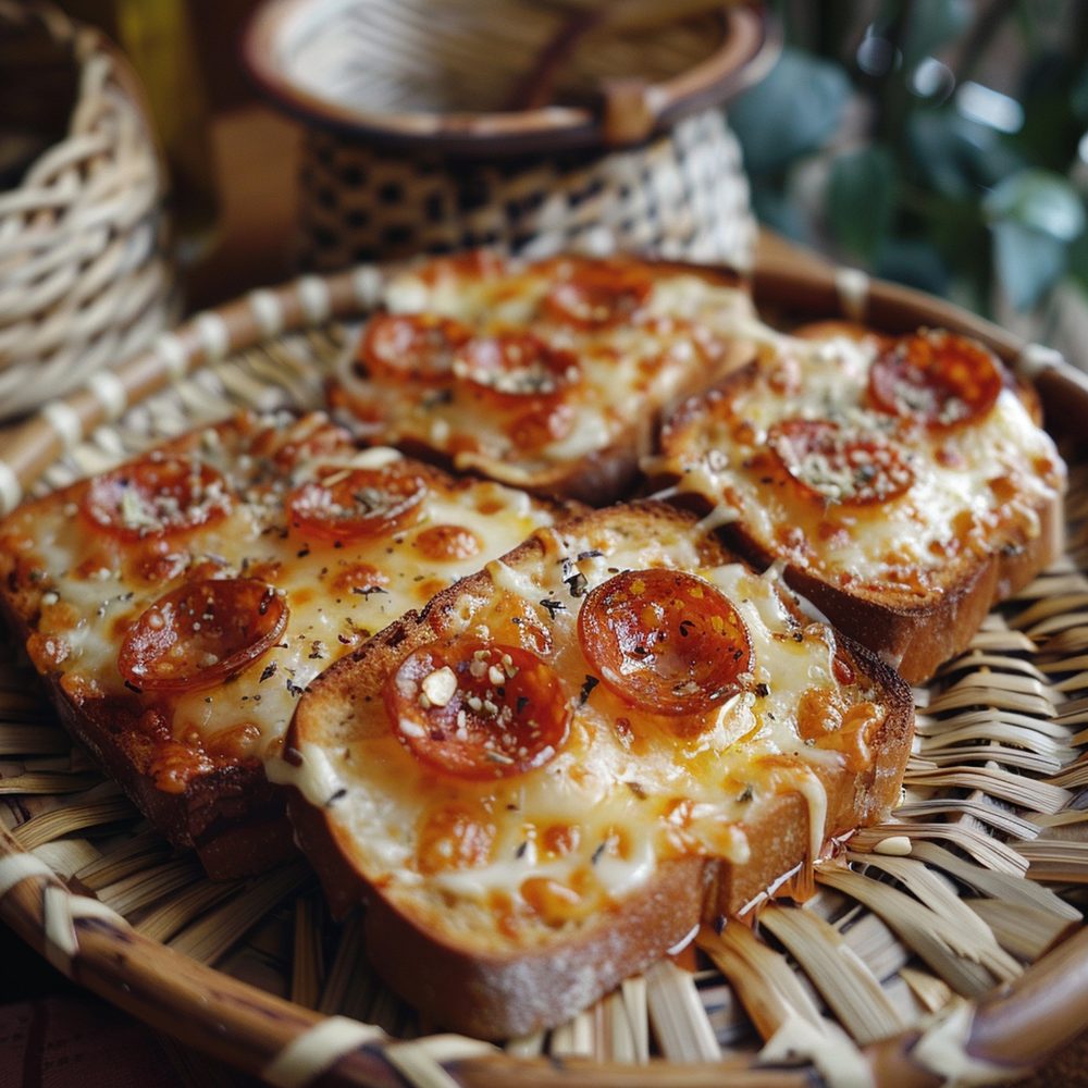 Plat de gratin doré associant pain au levain, fromage tome fondu et saucisson pour deux personnes.