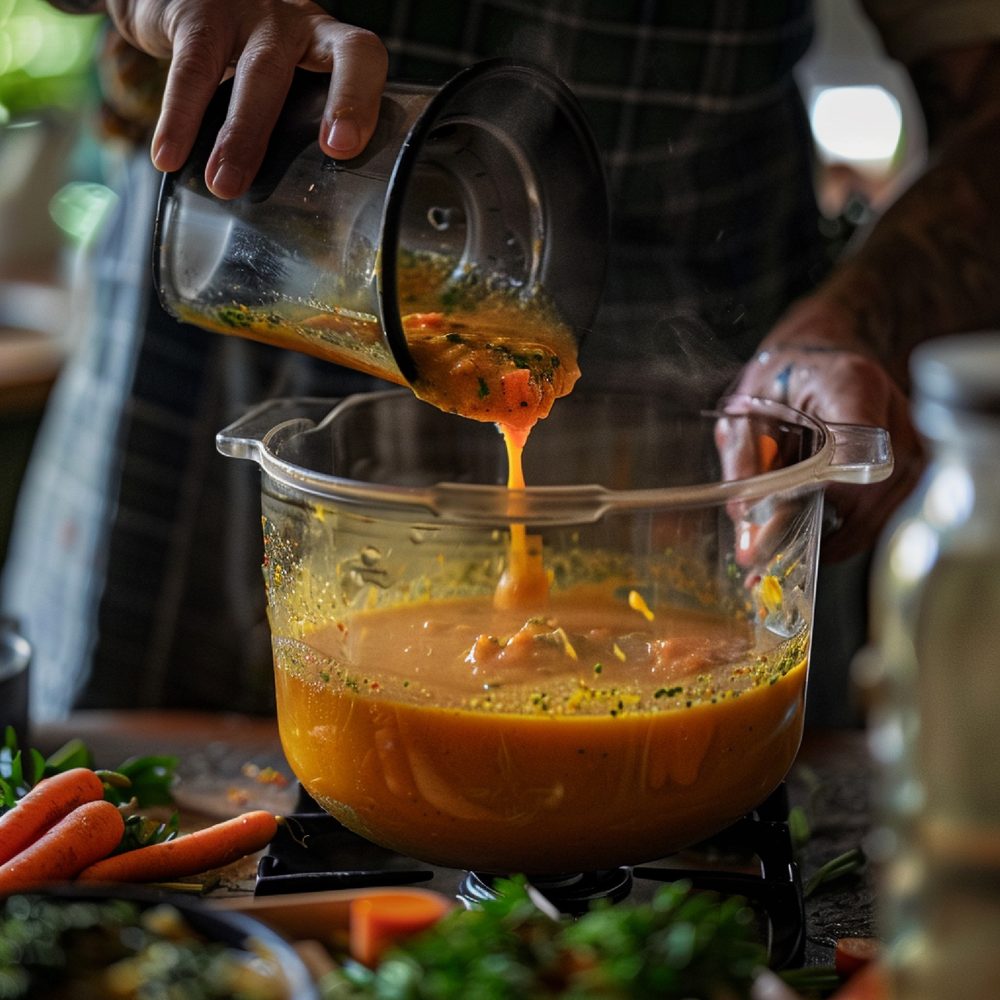 Bol de soupe de courge garni d’herbes fraîches et d’épices colorées, posé sur une table de cuisine.