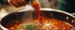 Une cuillère saupoudre des épices dans un velouté de courge onctueux pour le relever sans sel.