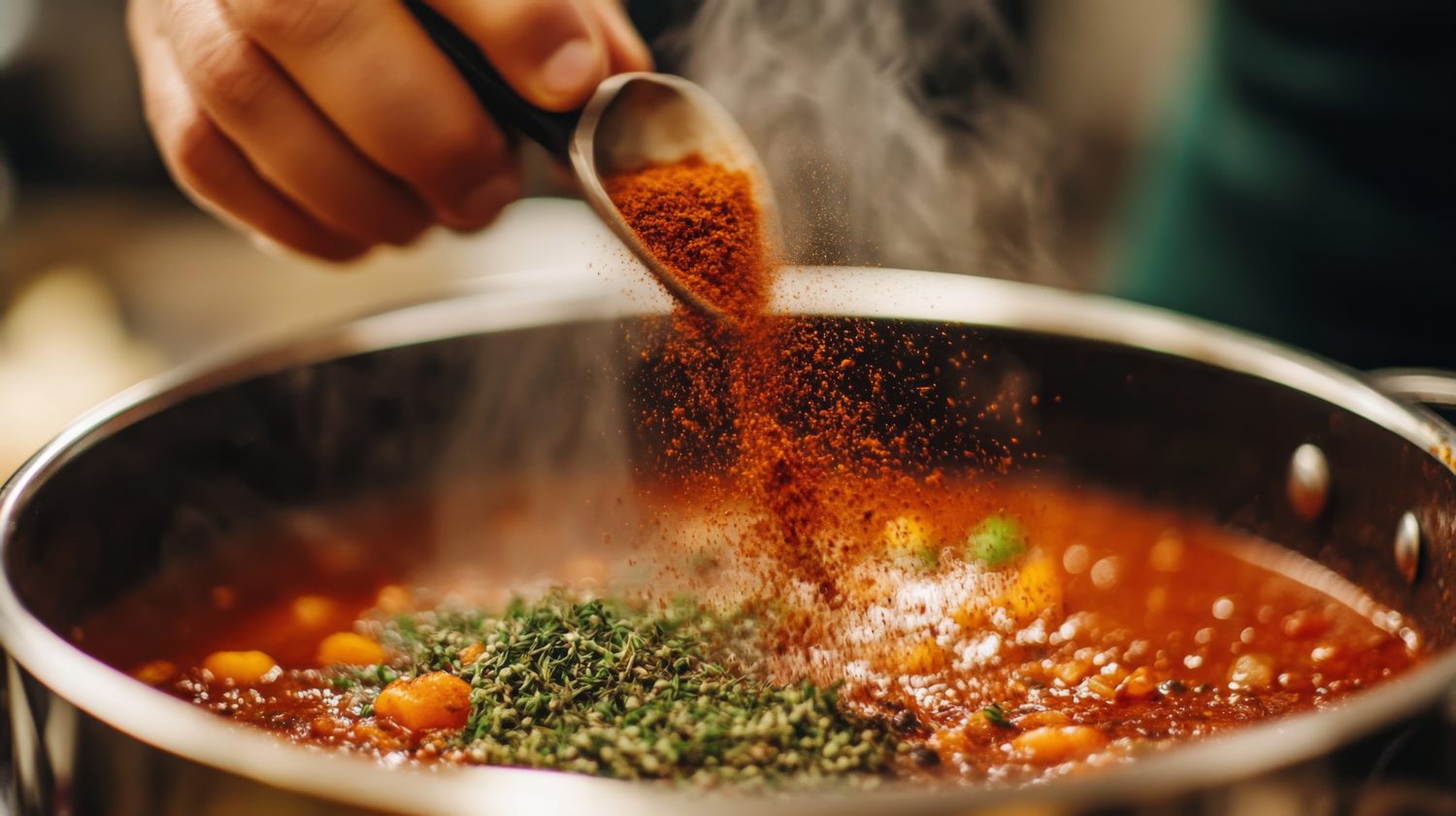 Une cuillère saupoudre des épices dans un velouté de courge onctueux pour le relever sans sel.